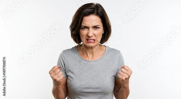 Fototapeta Furious Woman Showing Anger with Clenched Fists and Facial Expression
