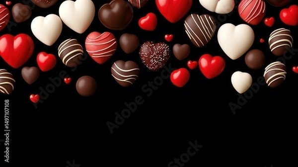 Obraz Assorted Chocolate Heart Candies Falling On Black Background