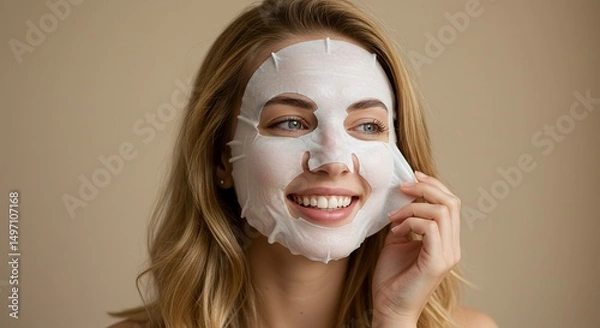 Fototapeta Woman Applying Sheet Mask to Face for Skincare Routine at Home