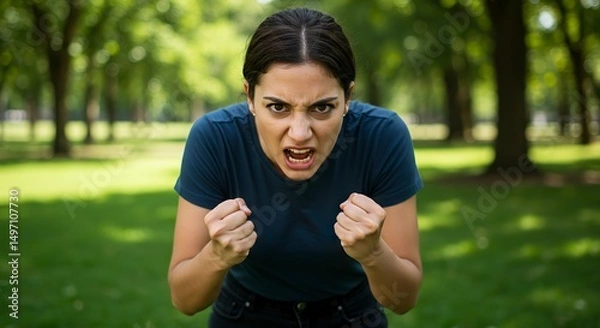 Fototapeta Angry Woman Shouting with Fists Clenched in Outdoor Park Setting