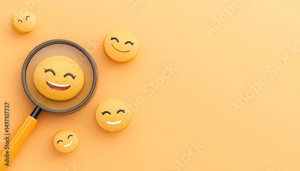 Obraz Magnifying glass focuses on a happy emoticon among others