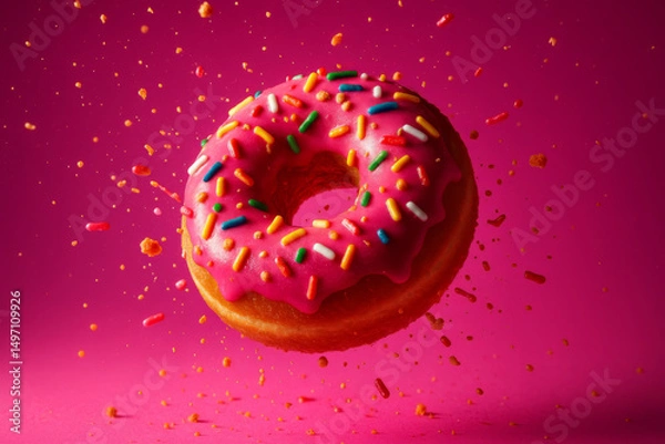 Fototapeta Glazed Donuts with Sprinkles Floating on Pink Background, Sweet Dessert Concept