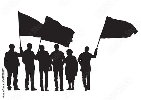 Fototapeta People of with banner and flags. Isolated silhouettes of people on a white background