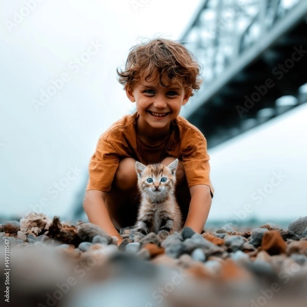 Obraz Happy boy playing with a kitten on the beach, under a bridge, with blue eyes and wearing a brown shirt, surrounded by rocks and pebbles, smiling and looking at the camera.