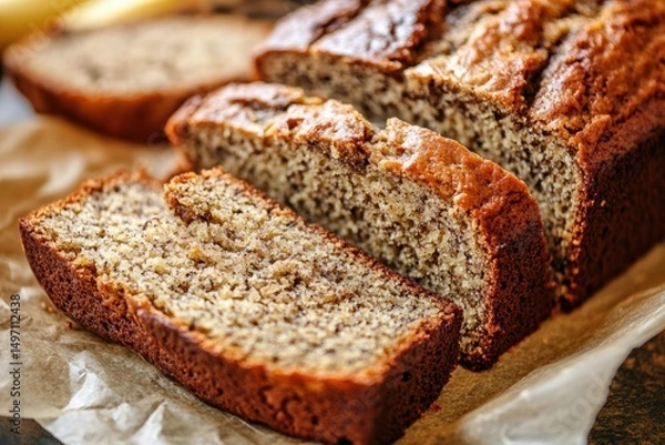 Fototapeta Moist and flavorful banana bread baked to perfection with a golden crust and a soft, tender crumb, perfect for breakfast or a snack