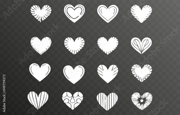 Fototapeta Set of various white heart illustrations png. Hand-drawn vector icons and symbols on isolated transparent background.