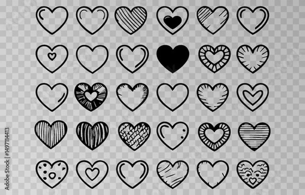 Fototapeta Set of various black heart illustrations png. Hand-drawn vector icons and symbols on isolated transparent background.