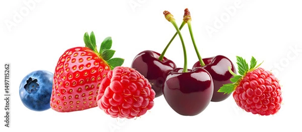 Fototapeta Fresh fruit. Mix ripe berry fruit. Strawberry, raspberry, blueberry, cherry isolated on transparent background. PNG format