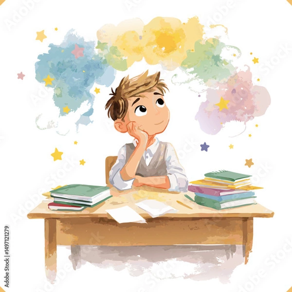 Fototapeta Watercolor illustration of a dreamy boy with ADHD sitting at a school desk, lost in thought, 
surrounded by colorful clouds and stars, books and papers on the desk, white background.
