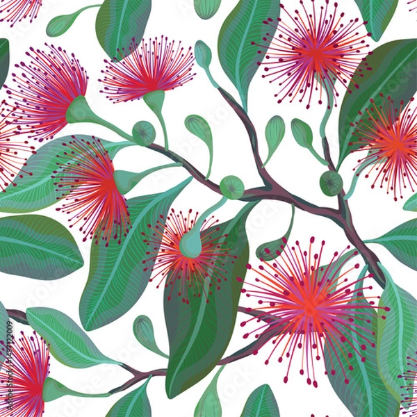 Obraz Seamless pattern with leafy branches with purple fluffy eucalyptus flowers, vector illustration