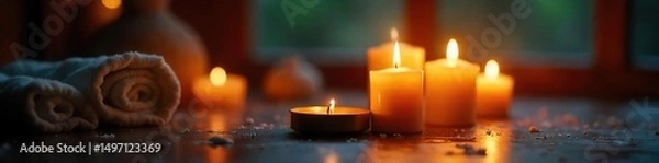Fototapeta Warm, flickering candlelight illuminates a cozy scene, casting soft shadows and creating a romantic ambiance  Perfect for home decor, relaxation, and spa themes ,  flame,  fairytale