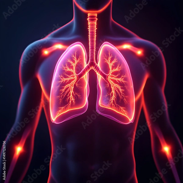 Fototapeta Anatomical visualization of human respiratory system with glowing effect and outline
