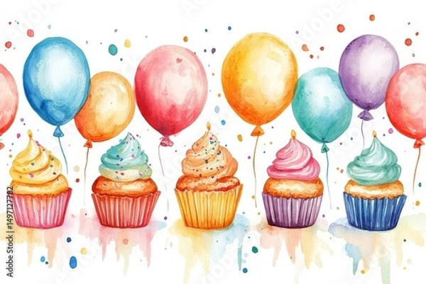 Fototapeta cheerful watercolor design featuring colorful birthday balloons and cupcakes, perfect for a festive invitation, Generative AI