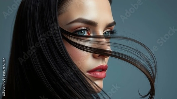 Fototapeta Woman with striking blue eyes and flowing black hair, looking intently against a dark background