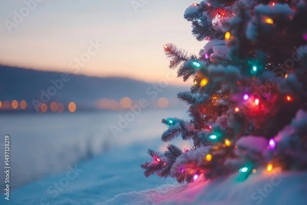 Fototapeta Christmas tree decorated with colorful lights, set amidst a snowy landscape, with a blurred festive backdrop, Generative AI