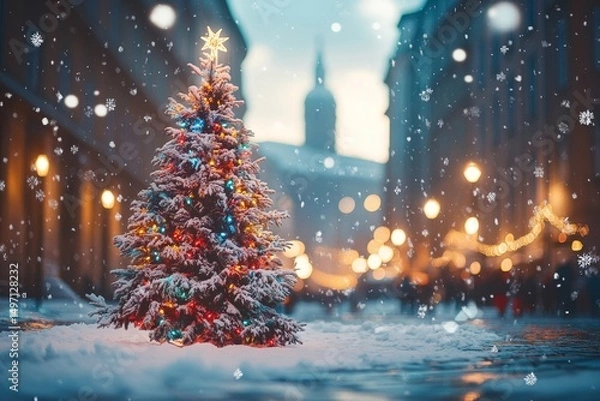 Fototapeta Christmas tree decorated with colorful lights, set amidst a snowy landscape, with a blurred festive backdrop, Generative AI