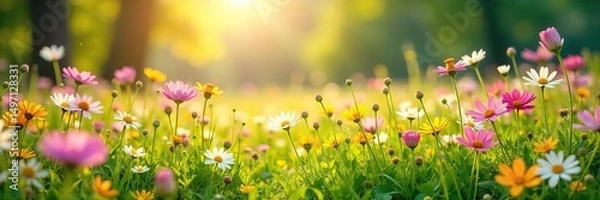 Fototapeta Sun-drenched springtime meadow bursting with wildflowers in full bloom  A vibrant scene of nature's renewal, perfect for springtime themes and nature backgrounds , vibrant, serene