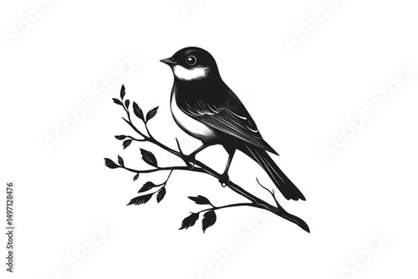 Fototapeta Black and white songbird perched on leafy branch, with distinctive throat markings and round eye, isolated on a transparent background