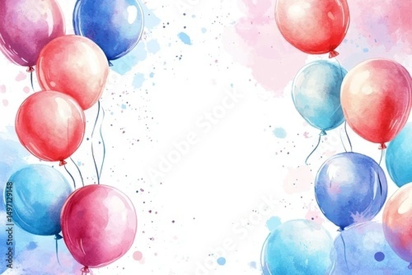 Fototapeta watercolor composition of pastel birthday balloons forming a circular frame, with text space in the middle, Generative AI