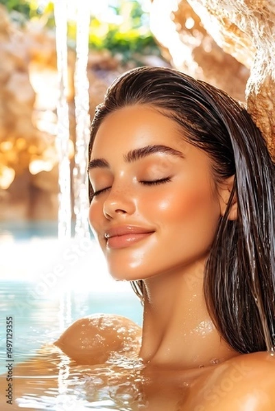 Fototapeta Young Woman with Long Hair Enjoys Relaxation in Naturally Beautiful Waterfall Setting