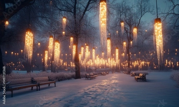 Fototapeta serene snowy park with frozen benches and glowing lanterns hanging from frosted trees, illuminated by soft moonlight, Generative AI