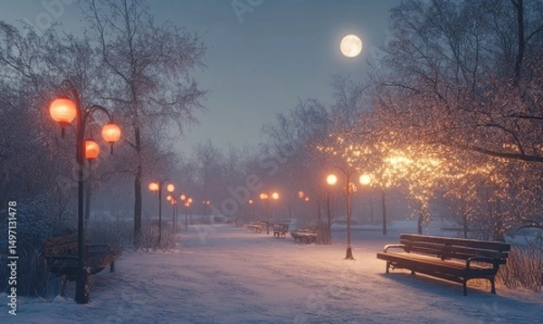 Fototapeta serene snowy park with frozen benches and glowing lanterns hanging from frosted trees, illuminated by soft moonlight, Generative AI