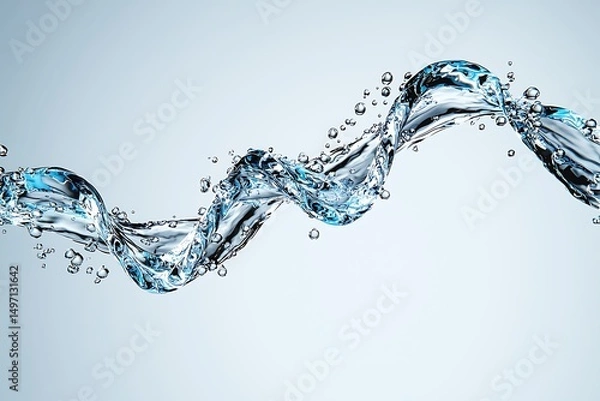 Fototapeta Beautifully Swirling Water, Fluid Motion, Drops and Bubbles, Dynamic Splash Against Light Background