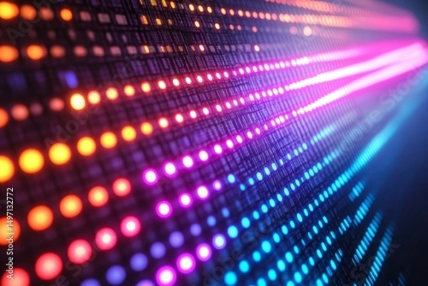 Obraz close-up of neon data points glowing against a pixelated digital backdrop, symbolizing innovation and virtual communication, Generative AI