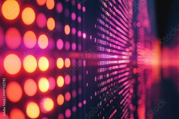 Fototapeta close-up of neon data points glowing against a pixelated digital backdrop, symbolizing innovation and virtual communication, Generative AI
