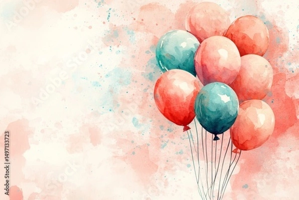 Fototapeta flat lay design featuring watercolor-painted balloons in soft pastel shades, with space for birthday wishes, Generative AI