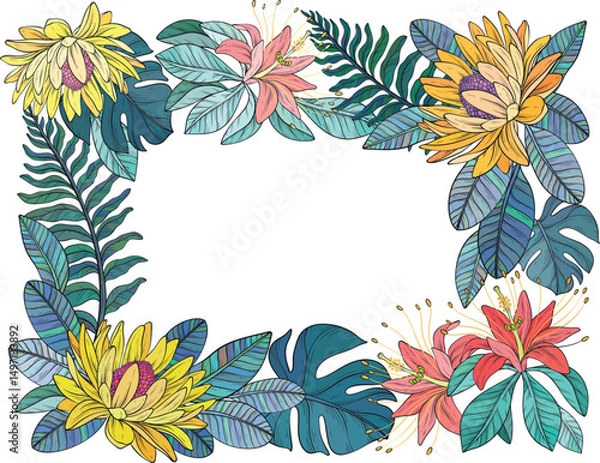 Obraz A colorful vector illustration of a tropical floral frame with bright flowers and lush green leaves arranged around the border