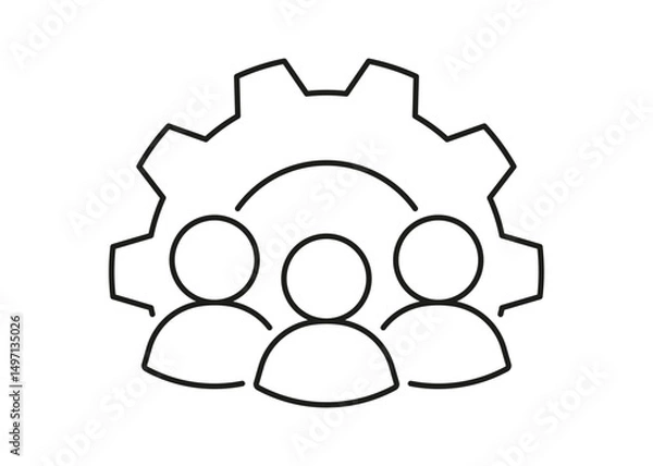 Fototapeta Business teamwork, management with gear, line icon. CRM with leader. Workforce. Partnership, training in work. Career development. Vector illustration
