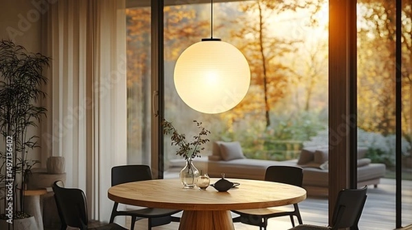 Obraz Warm Autumnal Dining Room with a Round Wooden Table and a Stylis