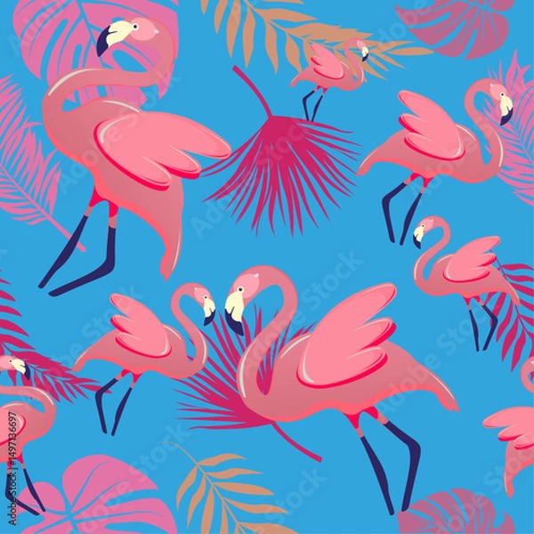 Obraz seamless pattern with birds and flowers Pink flamingos surrounded