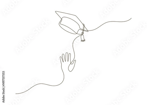 Fototapeta Hand trows gaduation cap, continuous  one  line  drawing. Hat flying as symbol finish learning in university. Vector linear illustration
