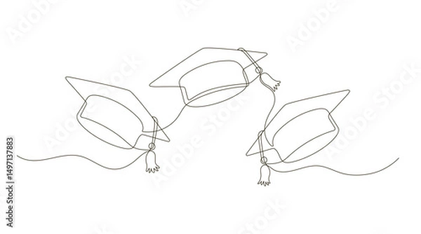 Fototapeta Graduation caps flying continuous one line drawing. Festive graduation from university. Vector illustration