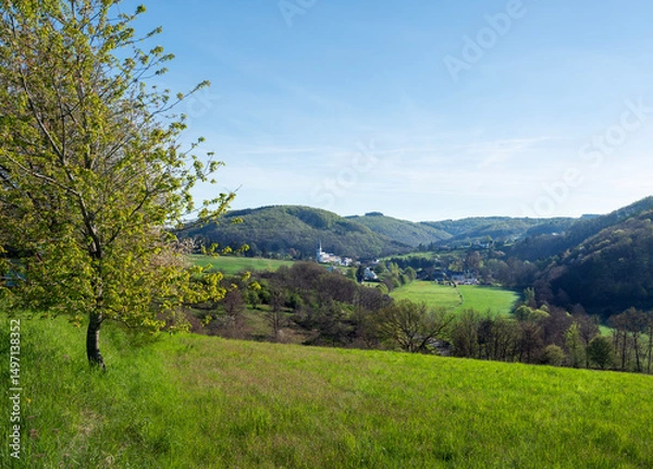 Fototapeta village with typical church in german suedeifel under blue sky in spring