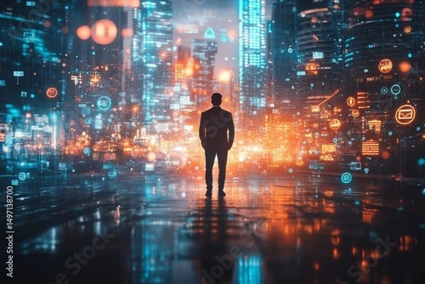 Fototapeta professional photograph of a businessman standing in silhouette with a glowing tablet screen, overlayed with futuristic digital icons, Generative AI