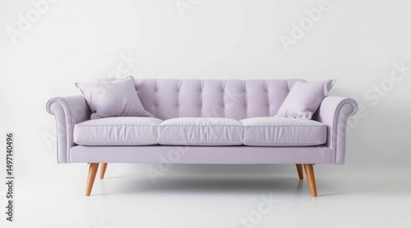 Fototapeta Elegant lilac tufted sofa with rolled arms and wooden legs in modern Scandinavian style