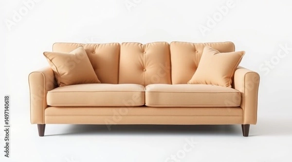 Fototapeta Elegant beige sofa with tufted cushions and accent pillows on wooden legs in a minimalist setting