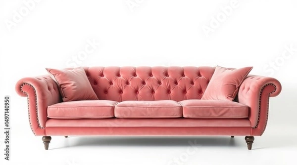 Fototapeta Luxurious pink tufted sofa with rolled arms and plush pillows, isolated on white background