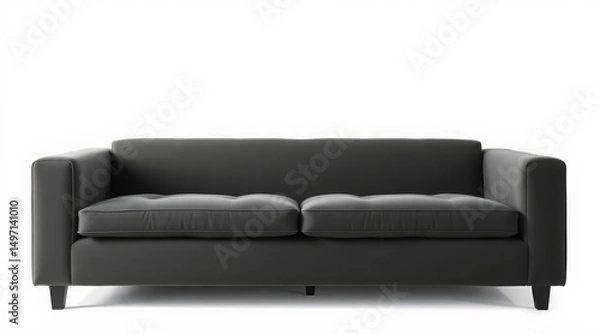 Fototapeta Sleek black sofa with minimalist design and square arms, isolated on white background