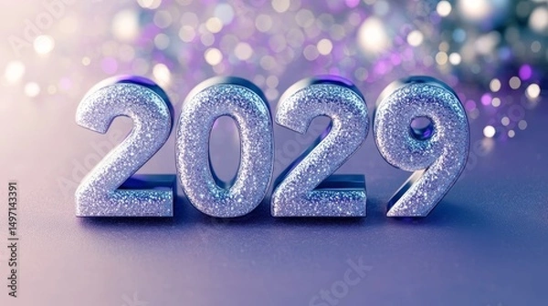 Fototapeta Silver Glitter 2029 New Year Celebration on Lilac Background with Sparkling Star Bokeh