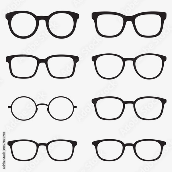 Fototapeta vector set of minimalist glasses icons, including round and square frames, black silhouette eyeglasses collection in various shapes and styles