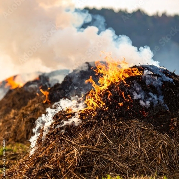 Fototapeta Close-up of intense fire consuming dry hay and brush in open land, producing dense smoke near rural buildings under a blue sky.