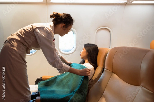 Fototapeta Woman flight attendant gently covering resting female passenger with green blanket inside airplane cabin. Care and service during flight journey.