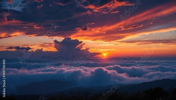 Fototapeta Sunset over mountains with clouds and colorful sky.