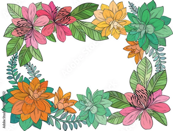 Obraz A colorful vector illustration of a succulent floral frame featuring a variety of blooming flowers and lush green leaves arranged in a decorative border