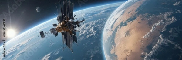 Fototapeta High-tech satellite orbiting Earth, internet antenna visible ,  space,  internet,  telecommunication