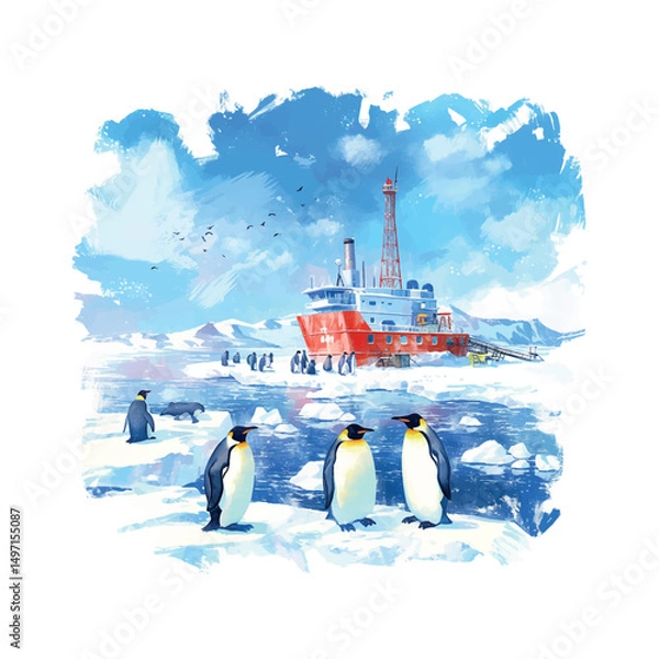 Obraz Penguins gather near research ship in the Arctic during a bright, clear day surrounded by ice and water